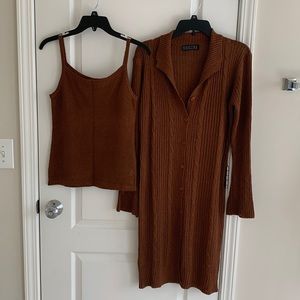 Brown Two-Piece Top and Cardigan Set